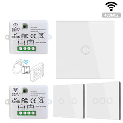 Interruptor de luz inteligente sem fio Mini Relé Receptor 220V 10A 433Mhz RF Controle remoto Botão de toque Painéis de parede para lâmpada doméstica Ventilador LED