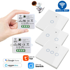 Interruptor inteligente sem fio Wifi Mini 220 V 10 A relé e controle remoto 433 MHz botão liga/desliga painel de parede funciona com Alexa Google Home