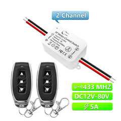 433 Mhz Wireless Remote Control DC Motor Switch 12V 24V 48V 80V 2 Channels Relay Receiver Transmitter for Garage Door Curtain