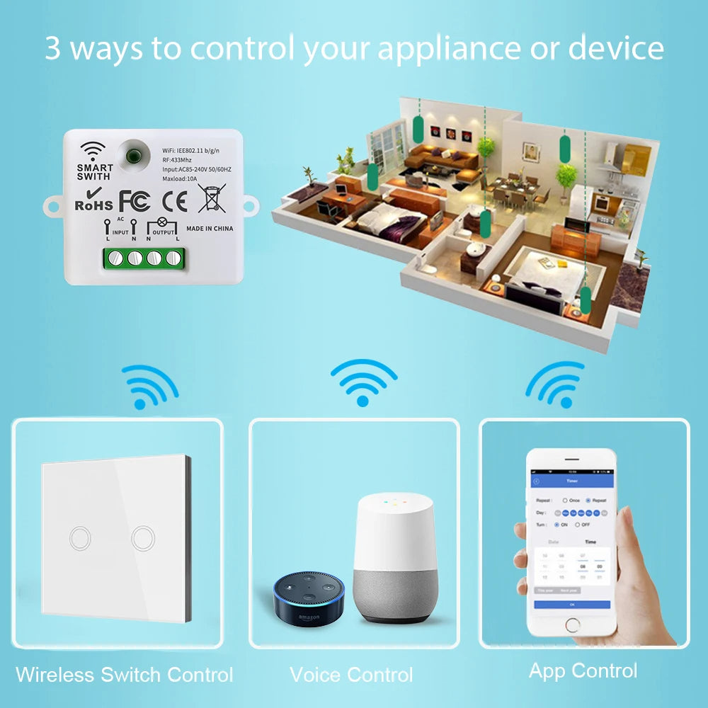 Wifi Tuya Mini Smart Light Switch 433MHZ Wireless Wall Panel Touch Switch 220V 10A Relay Works with Alexa Google Home Smart Life