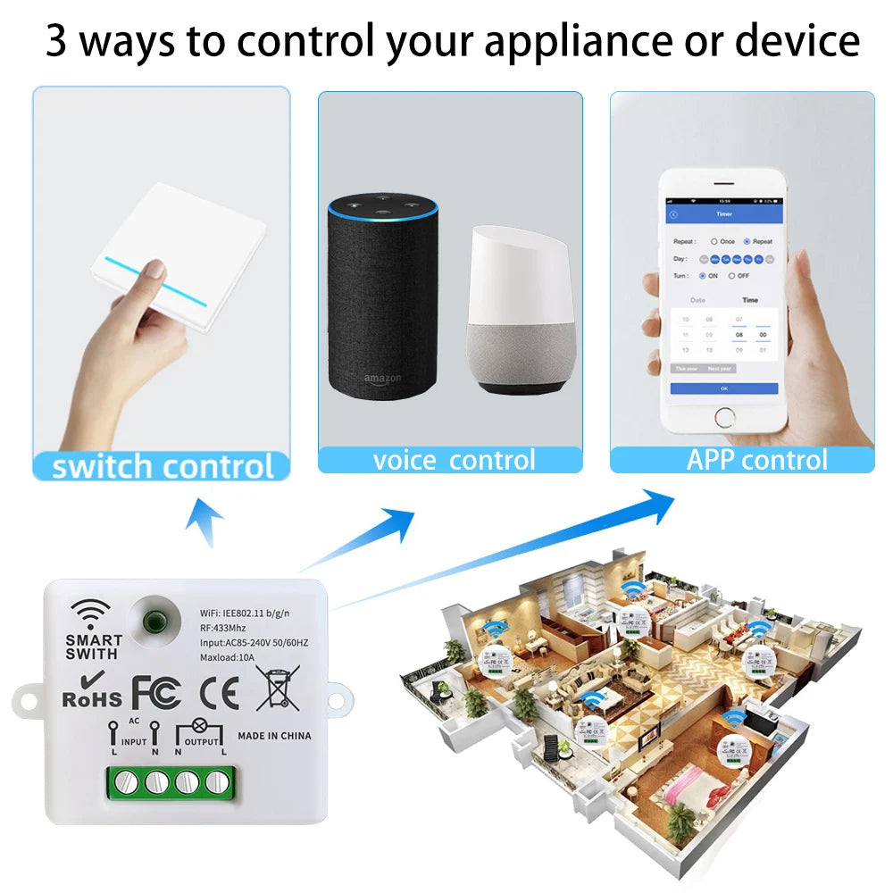 Mini Module WIFI Tuya Smart Light Switch Wall Panel Push Button Switch 433MHZ Wireless Electrical Home Remote Control 220V 10A