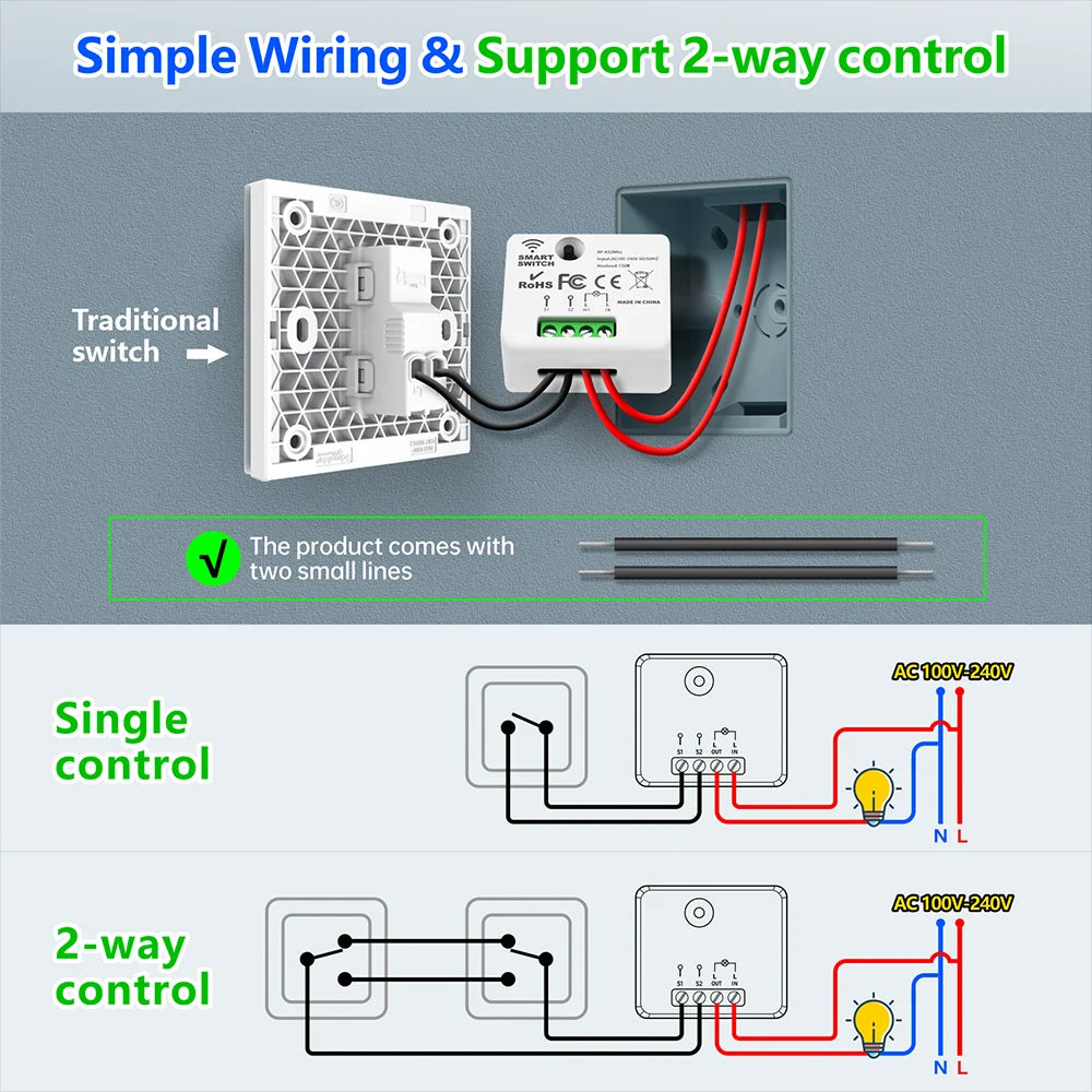 433Mhz Wireless Light Switch Without Neutral Wiring and 1/2/3gang Wall Panel Switch On Off 10A 110V 220V Receiver for Lamp Fan