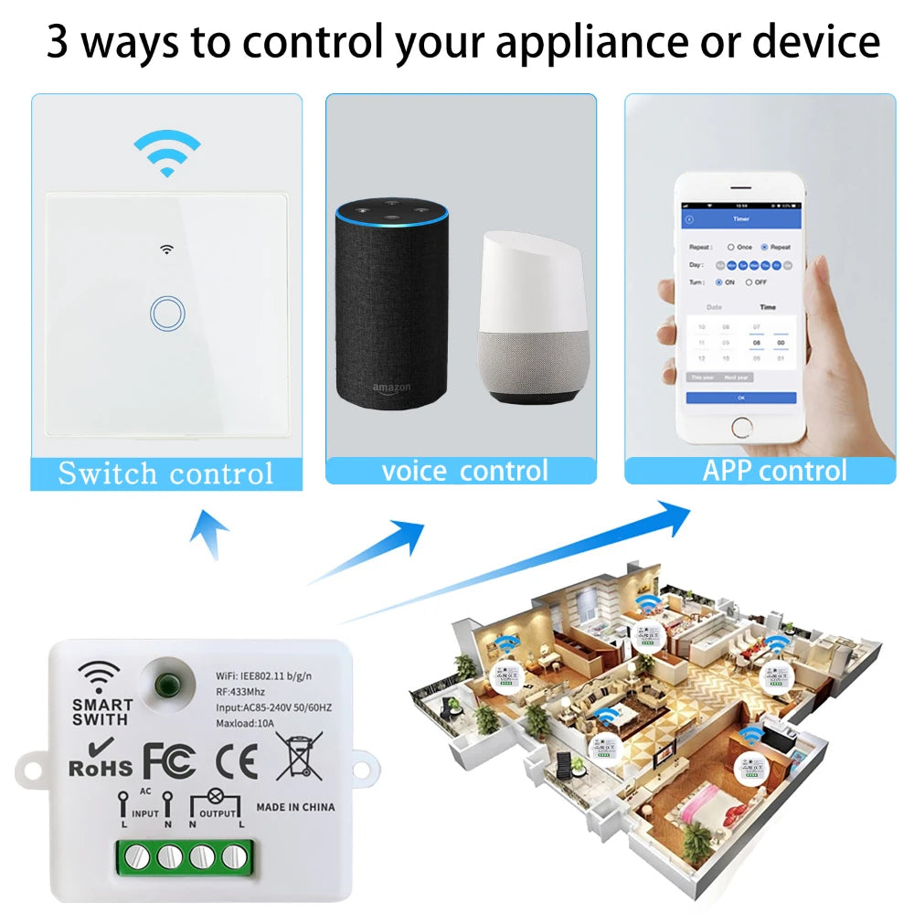 Interruptor inteligente sem fio Wifi Mini 220 V 10 A relé e controle remoto 433 MHz botão liga/desliga painel de parede funciona com Alexa Google Home