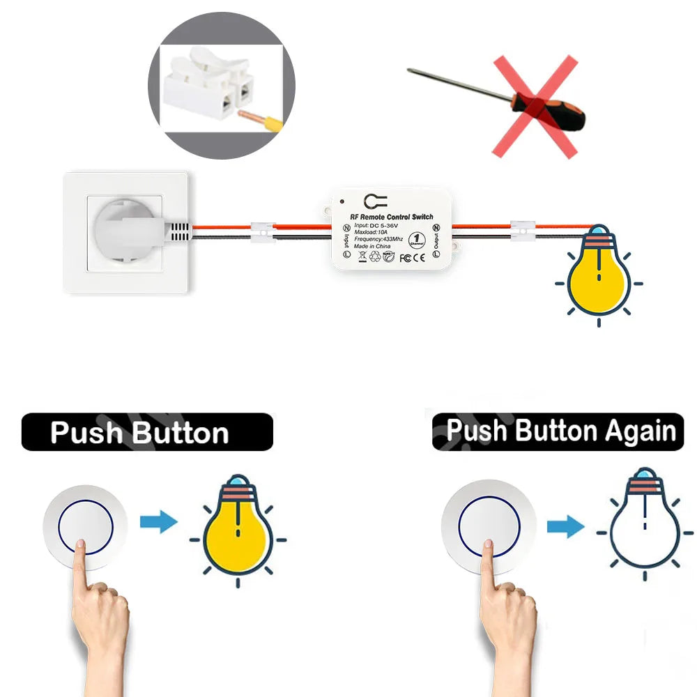 DC5V -36V 10A RF 433 Mhz Wireless Light Switch Push Button Wall Switch Radio Transmitter Remote ON OFF Led Electric Door