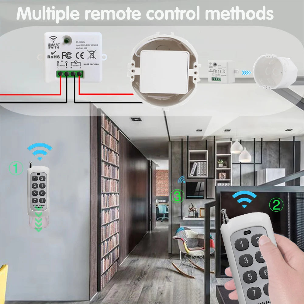 Mini interruptor de luz inteligente sem fio com controle remoto 200 m de distância 433 MHz RF Relé Receptor Ac220V Interruptor para ventilador de lâmpada LED residencial