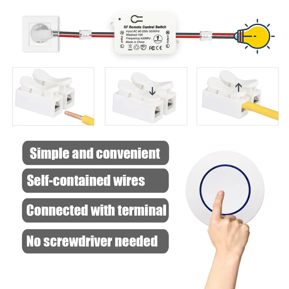 Interruptor de luz inteligente sem fio RF 433 MHz AC 220 V 10 A Interruptor e transmissor de botão de pressão para porta de LED Eletrodomésticos