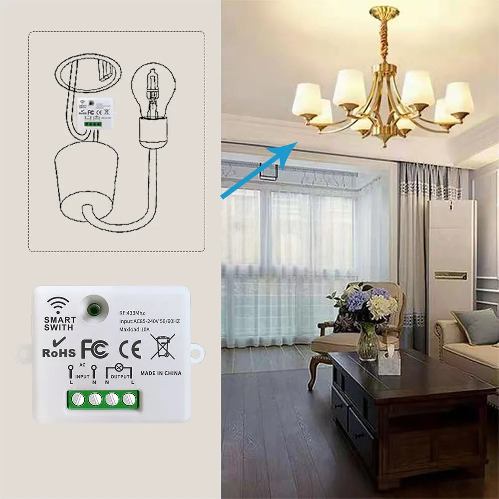 Mini interruptor de luz inteligente sem fio com controle remoto 200 m de distância 433 MHz RF Relé Receptor Ac220V Interruptor para ventilador de lâmpada LED residencial