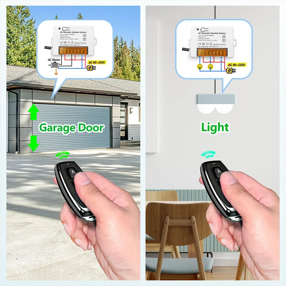 EunnacoTop RF 433 Mhz Controle Remoto Sem Fio Interruptor Relé 220v 2 Canais Grande Porta de Fiação Receptor para Motor Porta de Garagem