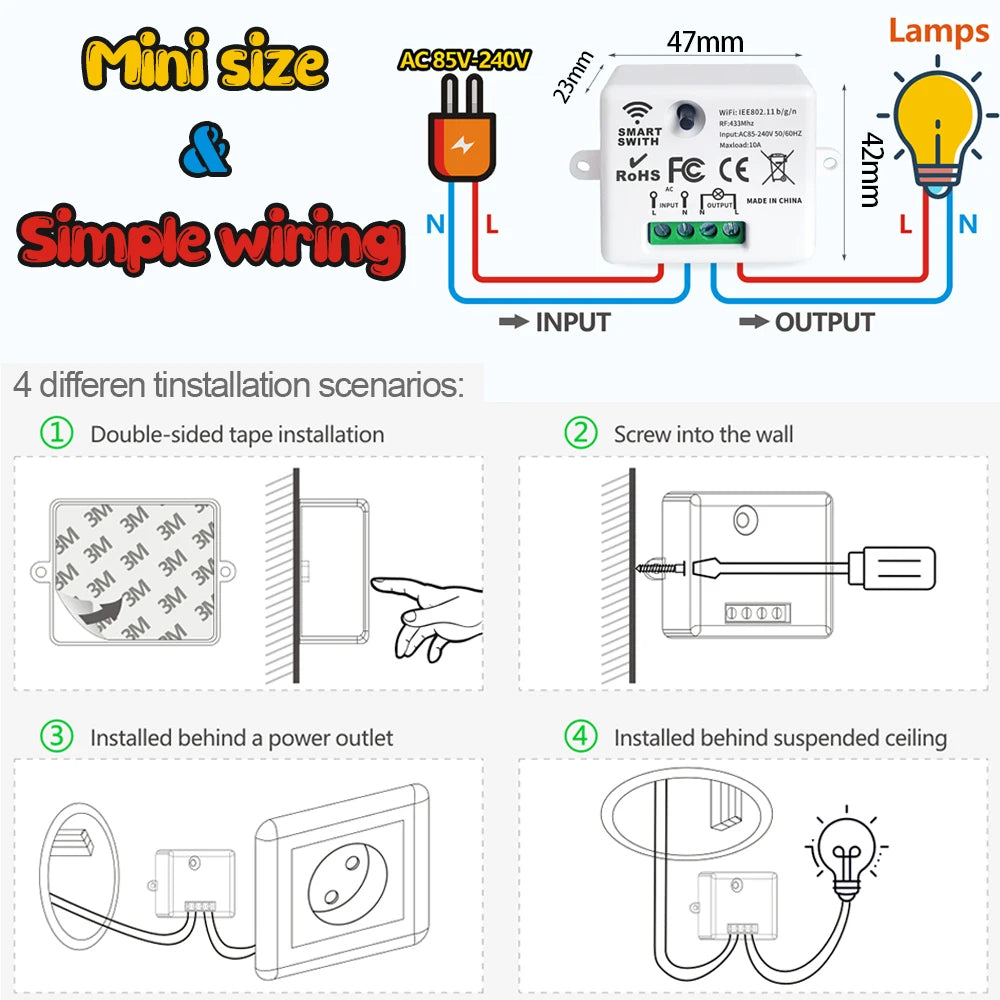 433 MHz Wireless Remote Control AC85V-220V 10A 1CH Relay Receiver and Push Button Transmitter for LED Light Lamp Fan Controller