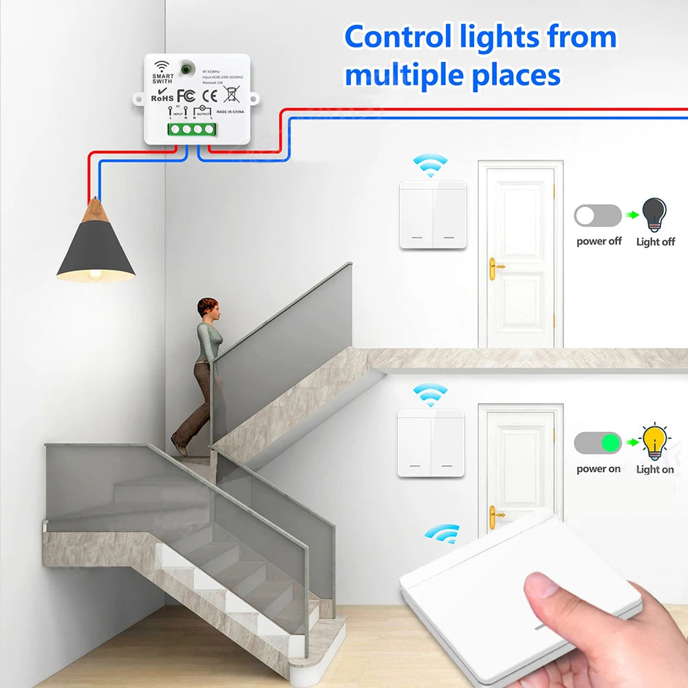 Interruptor de luz sem fio 433Mhz Mini controle remoto, 110V 220V 10A Relé inteligente Receptor, 1/2/3/4Gang Painel de interruptor de parede, Ventilador de lâmpada LED