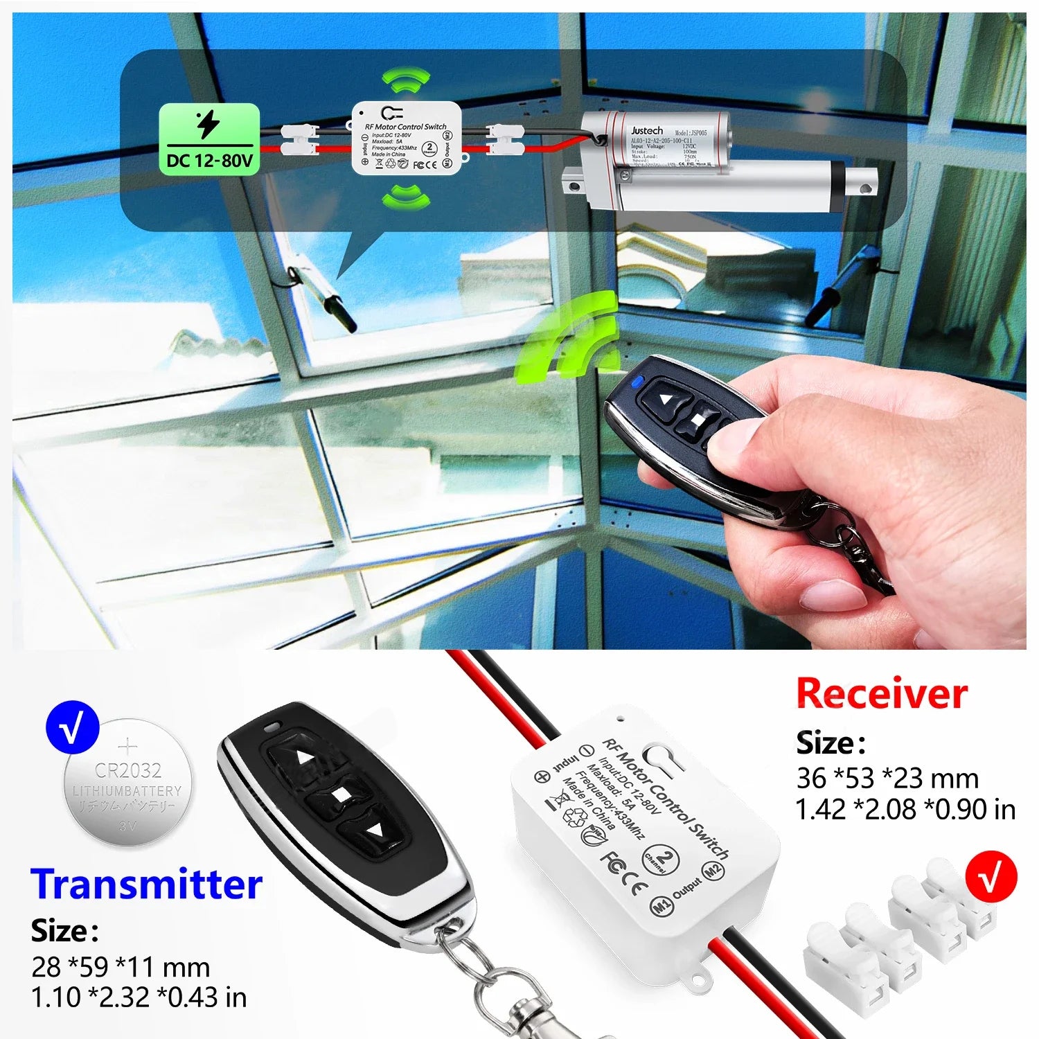 433 Mhz Wireless Remote Control DC Motor Switch 12V 24V 48V 80V 2 Channels Relay Receiver Transmitter for Garage Door Curtain