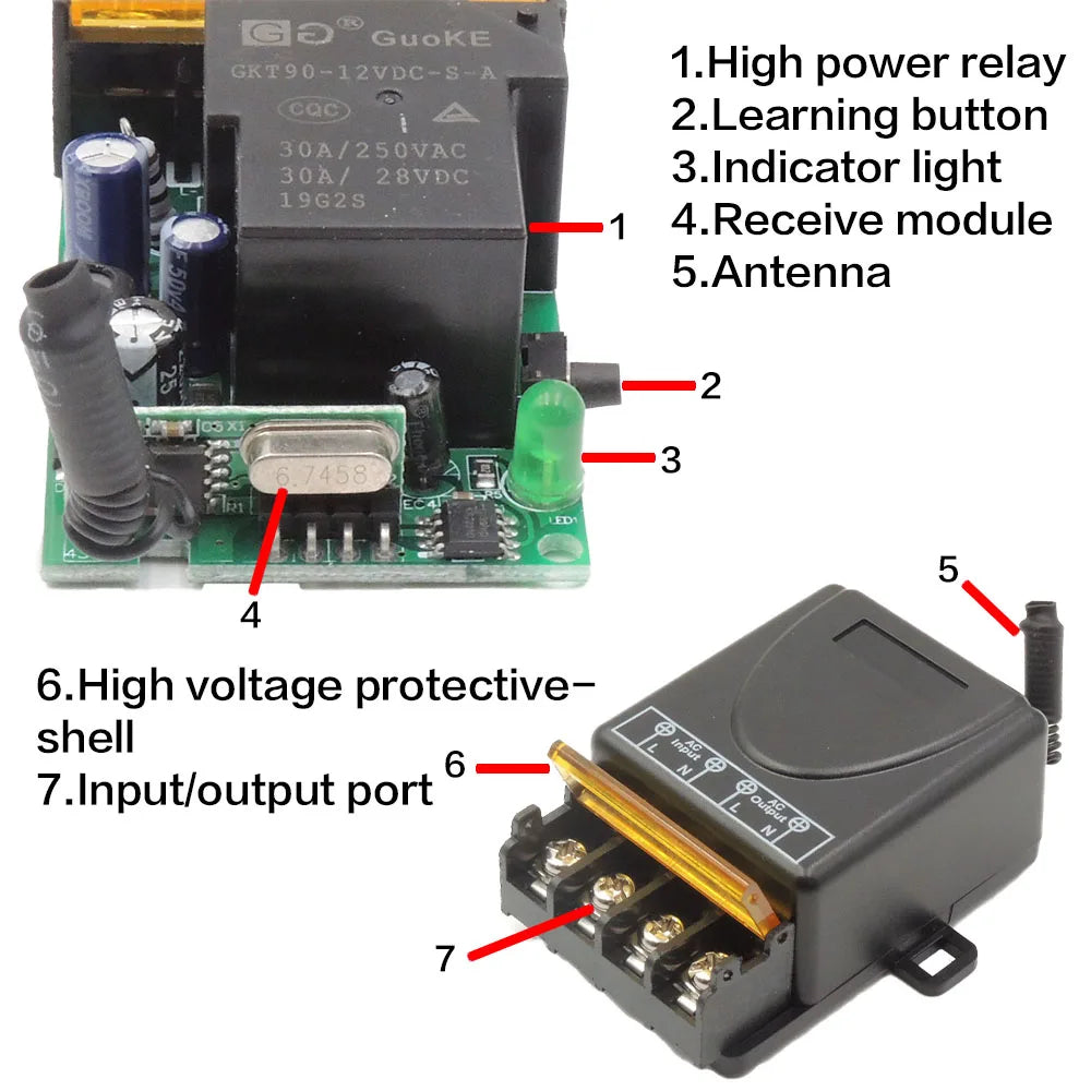 Interruptor sem fio Luz 433MHz RF Remoto Liga/Desliga AC 220V 30Amp Controle de relé para aquecedores de água Bomba de ventilação Ventilador Luz de teto