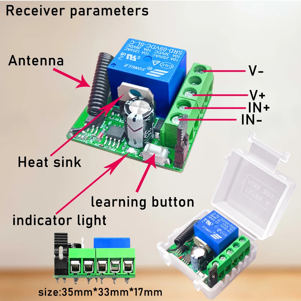 Interruptor de luz de controle remoto sem fio 433Mhz DC 12V 24V 1CH Relé Receptor com botão de pressão Transmissor para porta/motor/luz/lâmpada