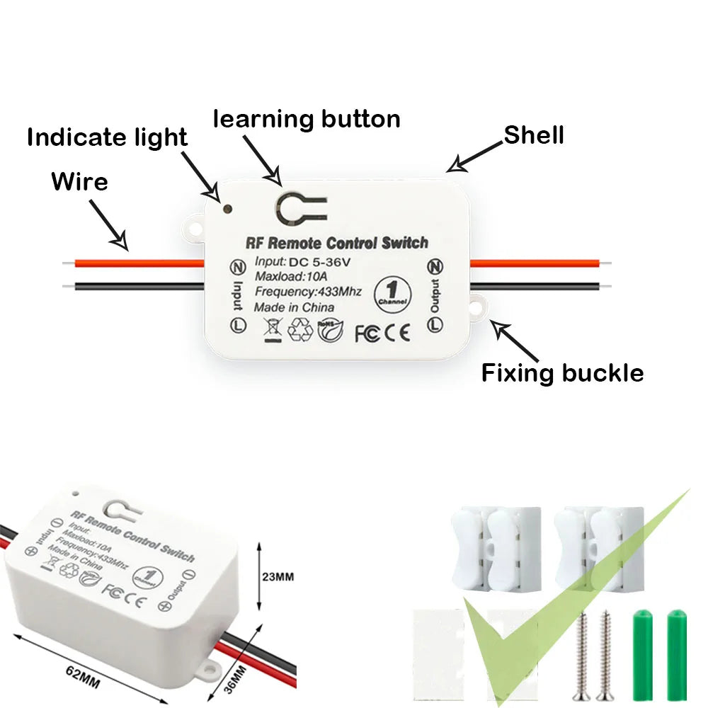 DC5V -36V 10A RF 433 Mhz Wireless Light Switch Push Button Wall Switch Radio Transmitter Remote ON OFF Led Electric Door