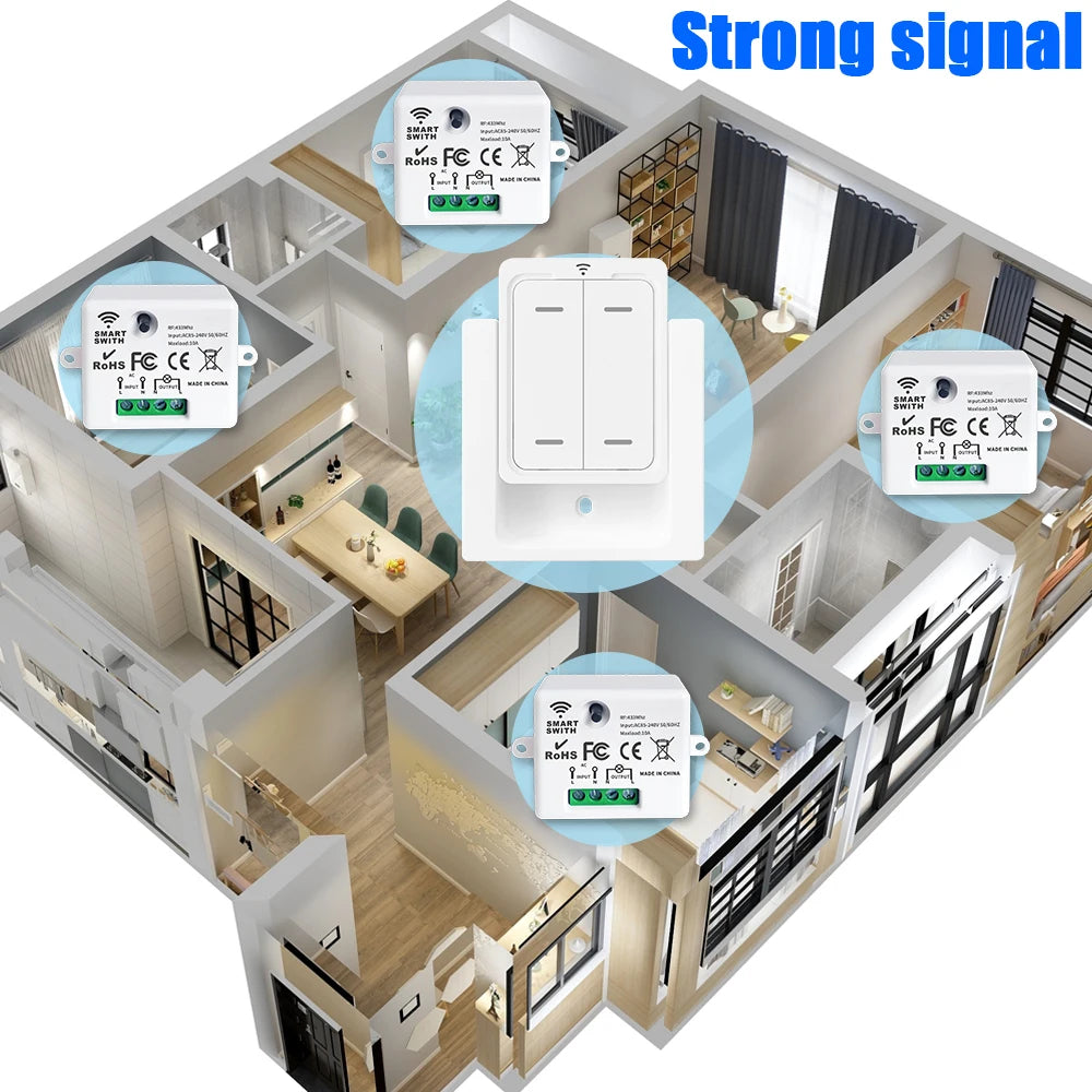 Interruptor de luz sem fio 433Mhz Mini controle remoto, 110V 220V 10A Relé inteligente Receptor, 1/2/3/4Gang Painel de interruptor de parede, Ventilador de lâmpada LED