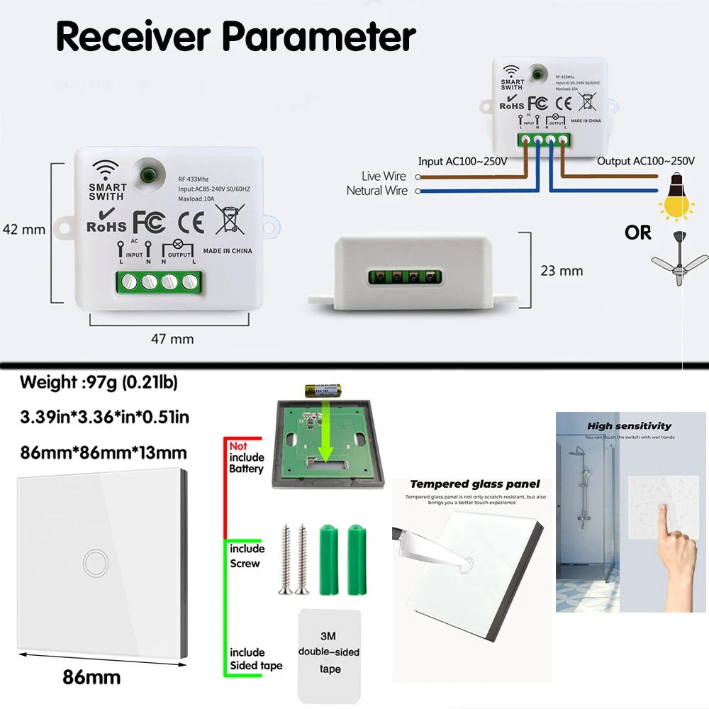 Interruptor de luz inteligente sem fio Mini Relé Receptor 220V 10A 433Mhz RF Controle remoto Botão de toque Painéis de parede para lâmpada doméstica Ventilador LED