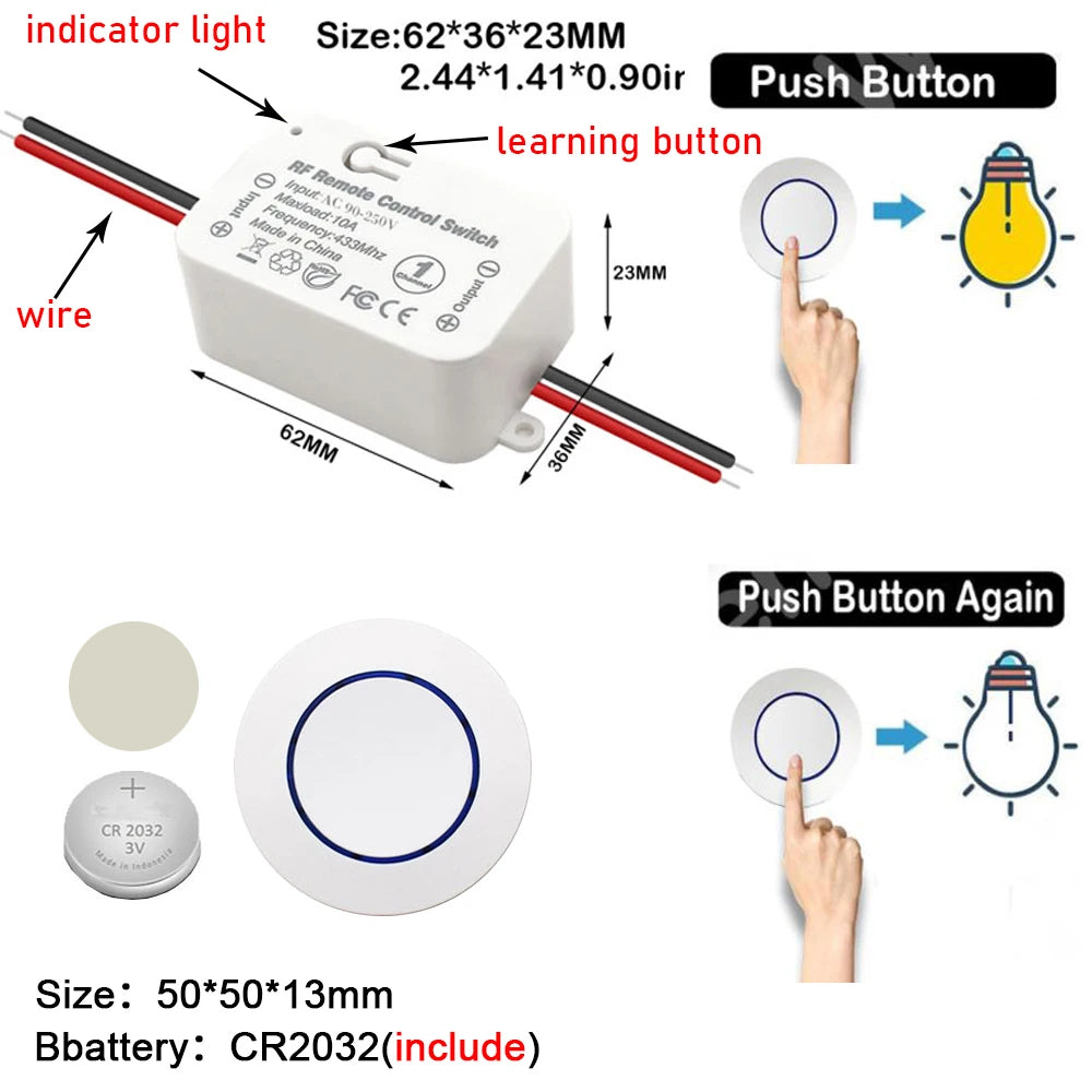 Interruptor de luz inteligente sem fio RF 433 MHz AC 220 V 10 A Interruptor e transmissor de botão de pressão para porta de LED Eletrodomésticos