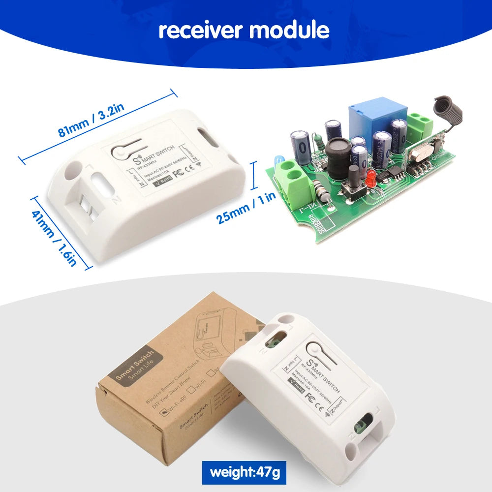 Rf 433Mhz Botão de pressão sem fio Interruptor de luz inteligente Controle remoto 90-250V 10Amp 1CH Relé RF Receptor Transmissor para lâmpada de ventilador