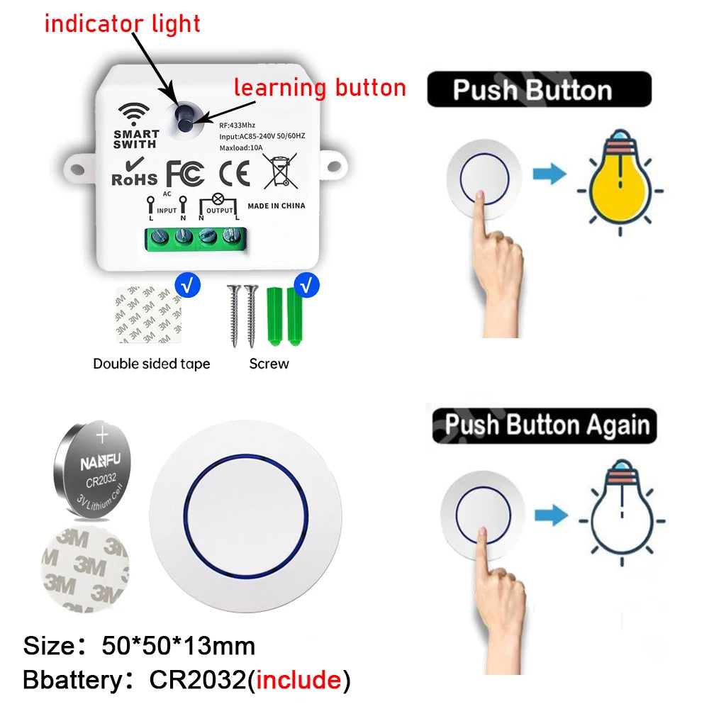 433MHz Controle Remoto Sem Fio Interruptor de Luz 10A 220V Relé Controlador Botão de pressão Painel de parede Interruptor Transmissor para Lâmpada LED Ventilador