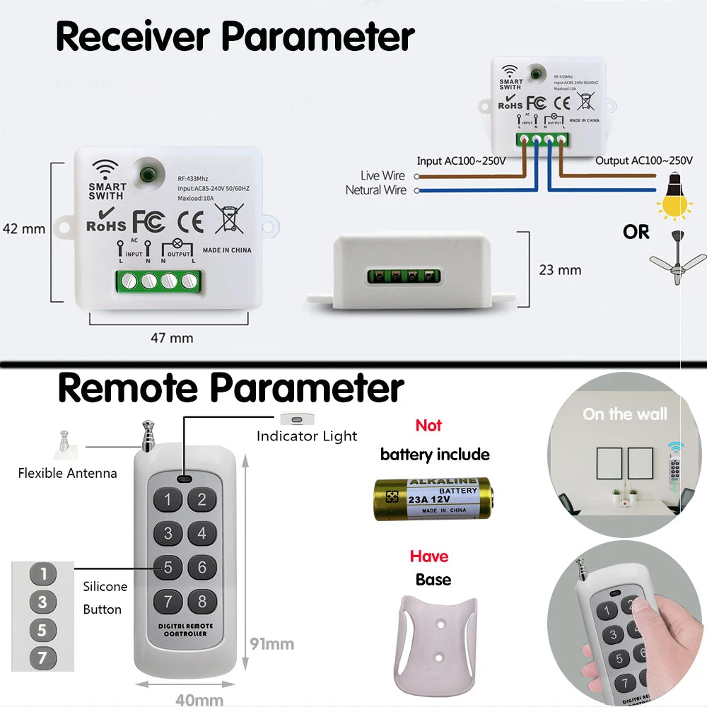 Mini interruptor de luz inteligente sem fio com controle remoto 200 m de distância 433 MHz RF Relé Receptor Ac220V Interruptor para ventilador de lâmpada LED residencial