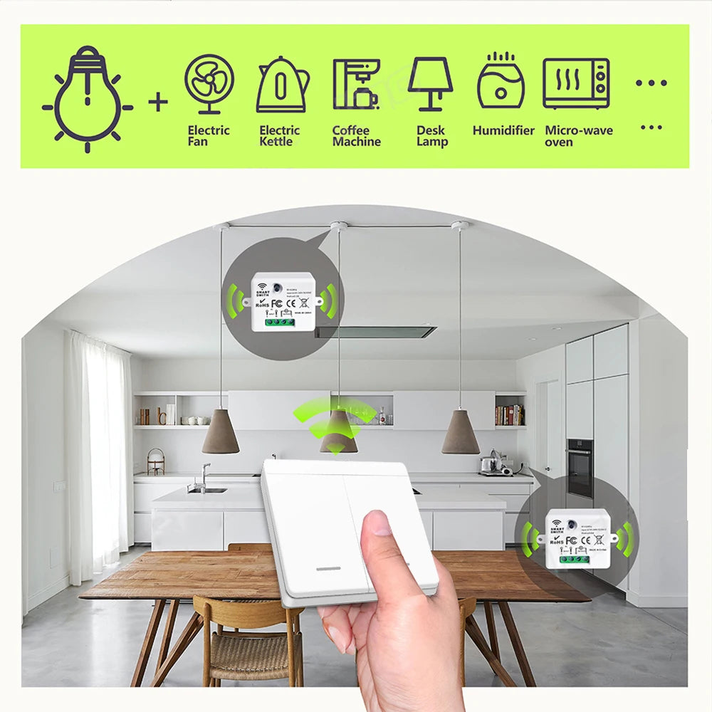 Interruptor de luz sem fio 433Mhz Mini controle remoto, 110V 220V 10A Relé inteligente Receptor, 1/2/3/4Gang Painel de interruptor de parede, Ventilador de lâmpada LED