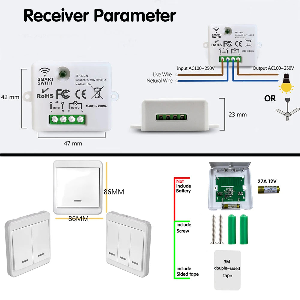 Interruptor de luz Botão de pressão Controle remoto Painéis de parede sem fio Interruptor Mini relé remoto 220v 10a para melhoria da casa Elétrica