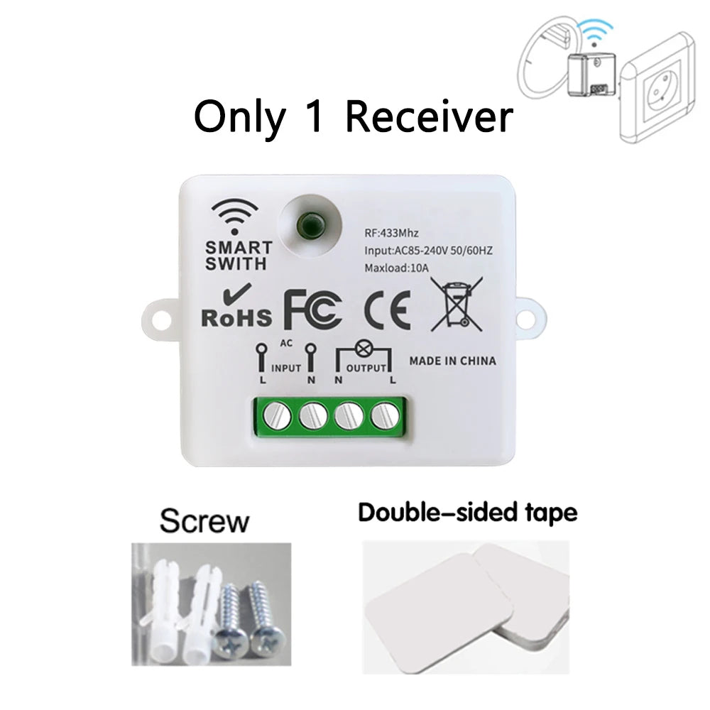 Wireless Mini Smart Light Switch Relay Receiver 220V 10A 433Mhz RF Remote Control Touch Button Wall Panels For Home Lamp Led Fan