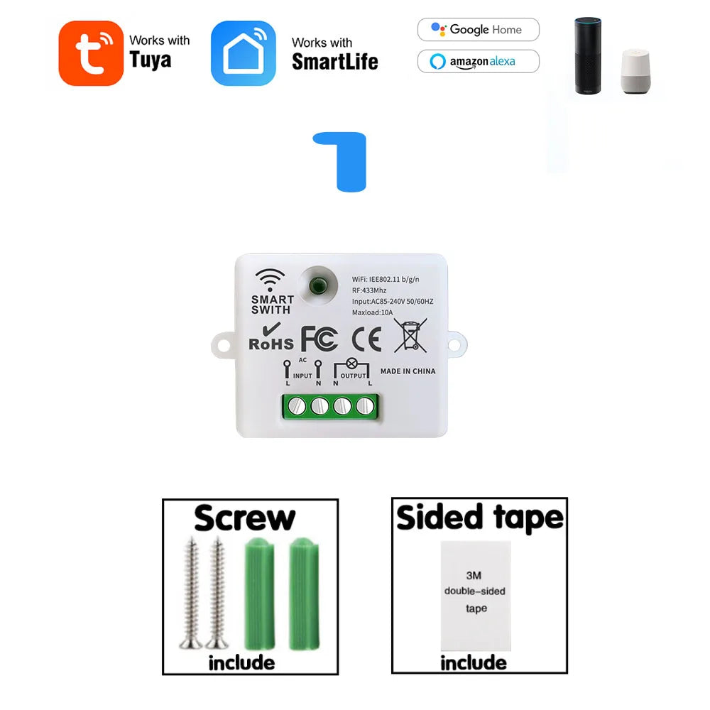 Wifi Tuya Mini Interruptor de Luz Inteligente 433MHZ Painel de Parede Sem Fio Interruptor de Toque 220V 10A Relé Funciona com Alexa Google Home Smart Life