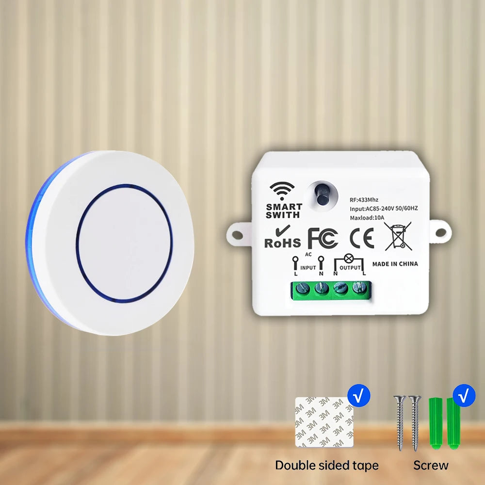 433MHz Controle Remoto Sem Fio Interruptor de Luz 10A 220V Relé Controlador Botão de pressão Painel de parede Interruptor Transmissor para Lâmpada LED Ventilador