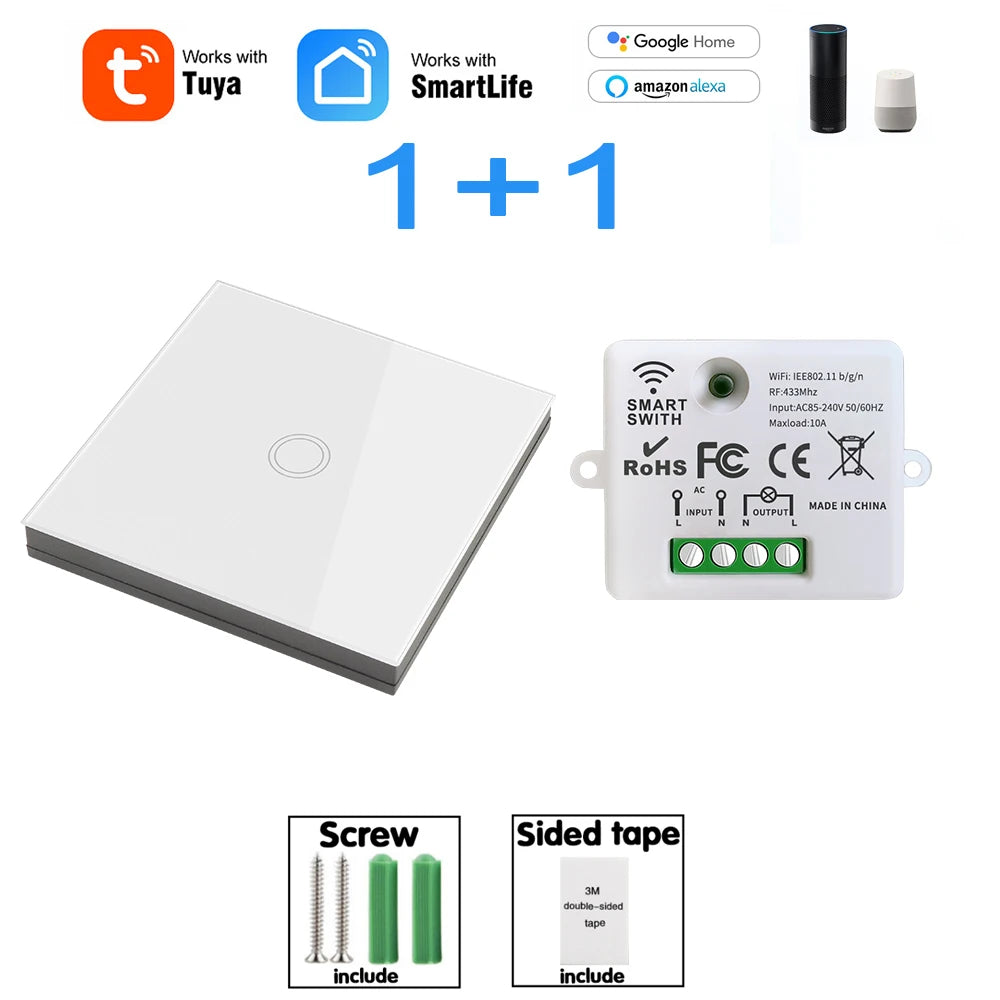 Wifi Tuya Mini Interruptor de Luz Inteligente 433MHZ Painel de Parede Sem Fio Interruptor de Toque 220V 10A Relé Funciona com Alexa Google Home Smart Life