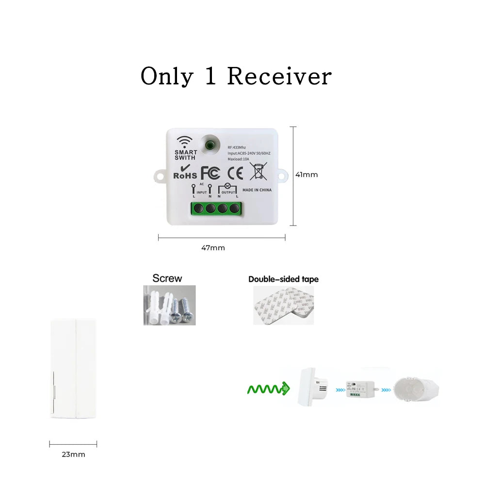 433 MHz Wireless Remote Control AC85V-220V 10A 1CH Relay Receiver and Push Button Transmitter for LED Light Lamp Fan Controller