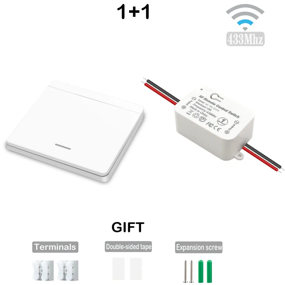 433Mhz Interruptor de luz sem fio Painel de parede Botão de pressão Interruptor AC 85V 250V Fácil instalação Receptor de rádio Uso para ventilador de lâmpada de teto