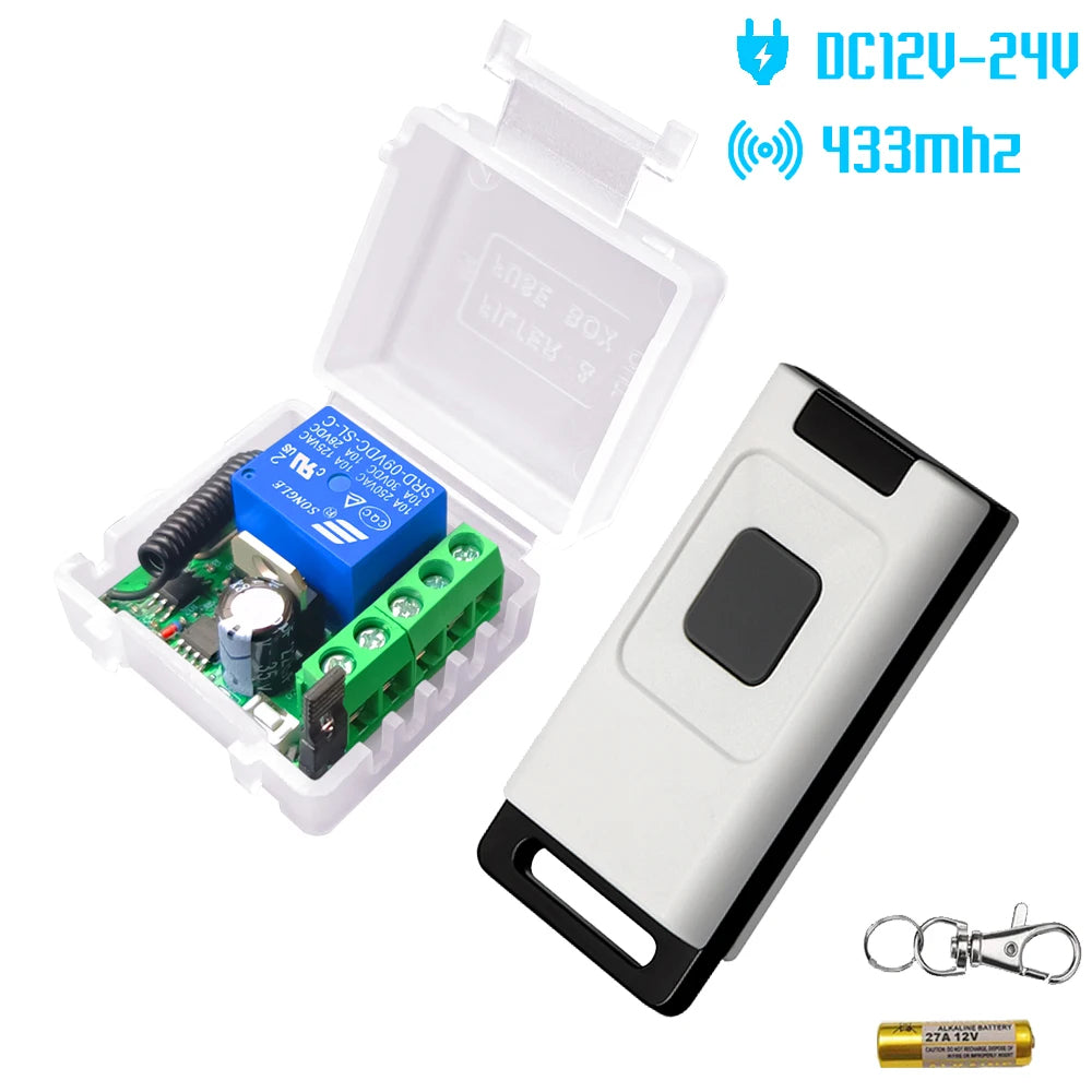 433Mhz Wireless Remote Control Light Switch DC 12V 24V 1CH Relay Receiver with Push Button Transmitter for Door/motor/light/Bulb