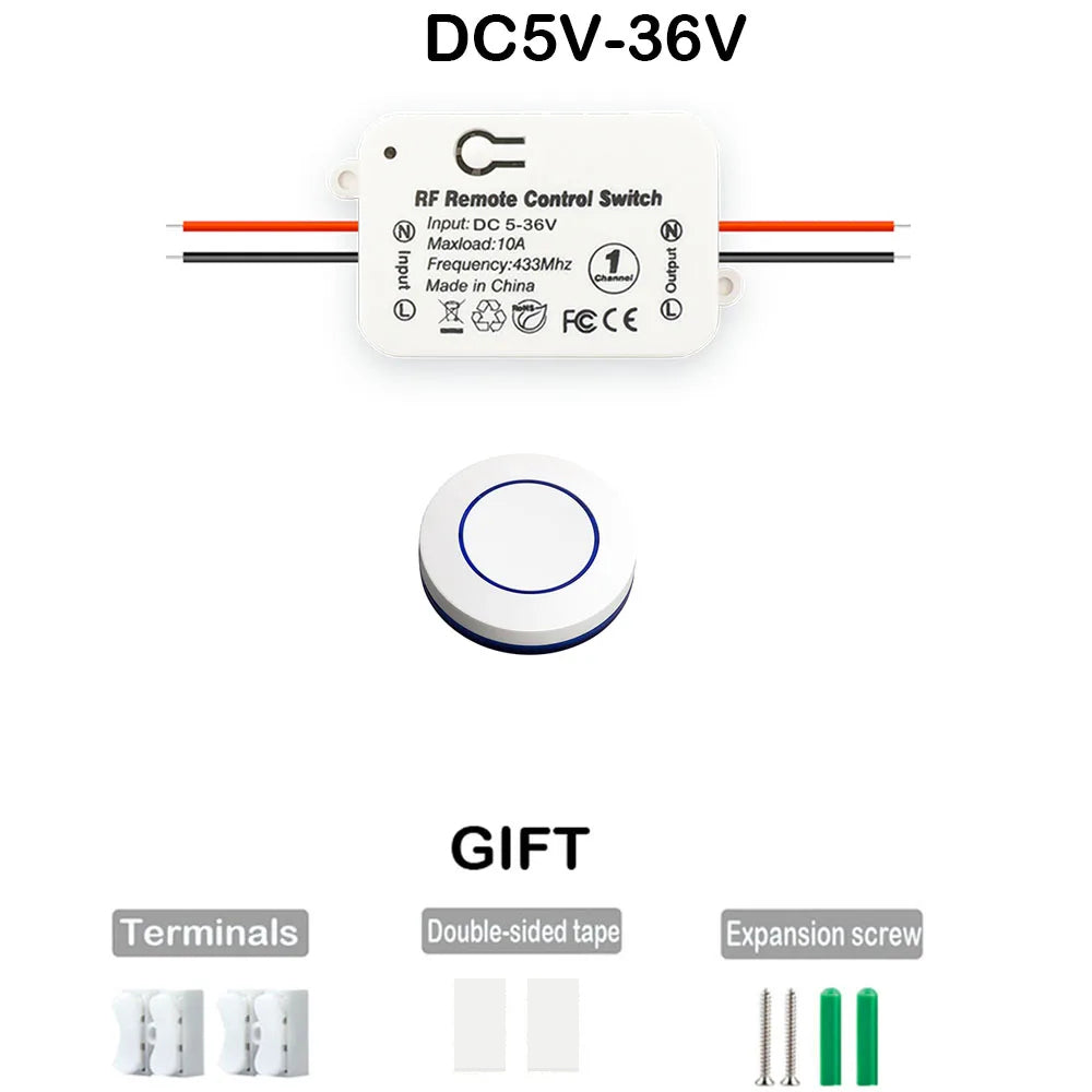 RF 433 Mhz Interruptor de luz sem fio Botão de pressão Interruptor de parede DC 12V 24V 36V 10A Transmissor de rádio Controle remoto ON OFF Led Porta elétrica