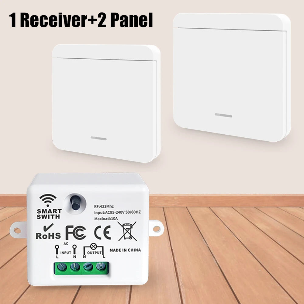 Interruptor de luz sem fio 433Mhz Mini controle remoto, 110V 220V 10A Relé inteligente Receptor, 1/2/3/4Gang Painel de interruptor de parede, Ventilador de lâmpada LED