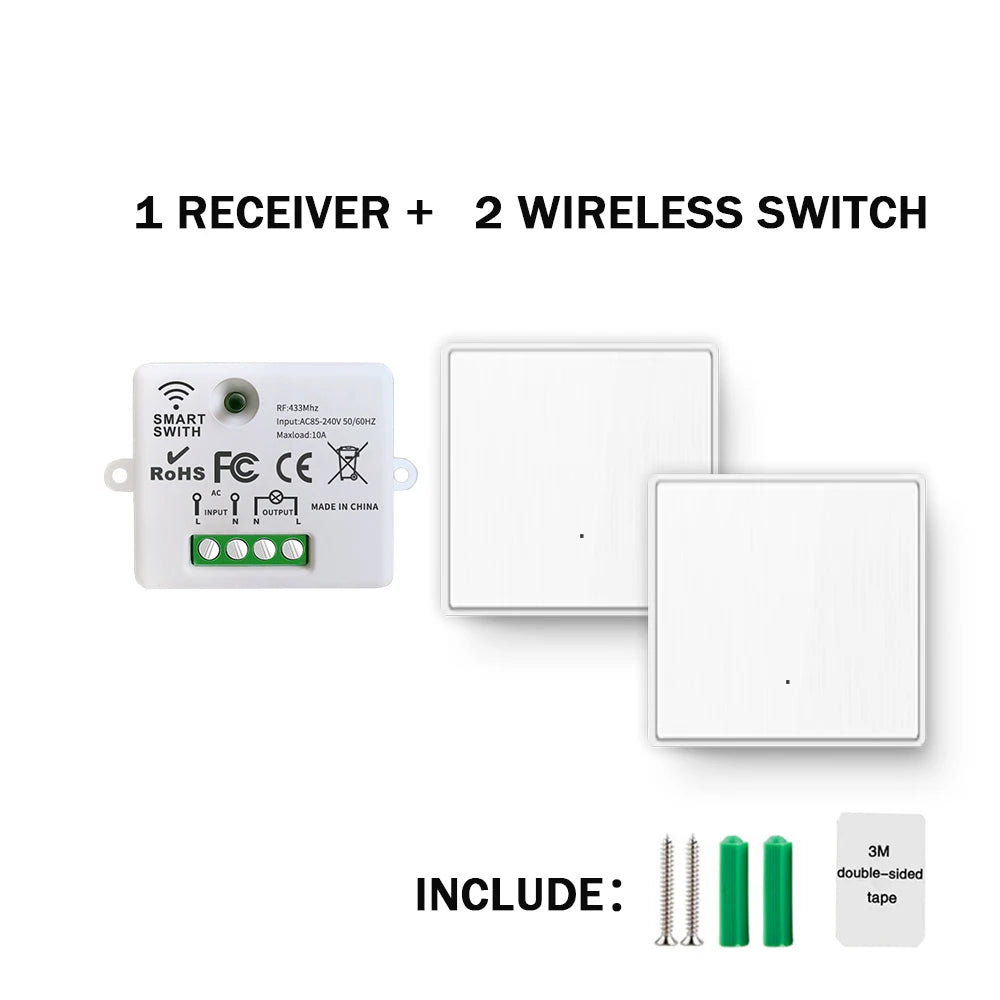 433Mhz Wireless Light Switch Without Neutral Wiring and 1/2/3gang Wall Panel Switch On Off 10A 110V 220V Receiver for Lamp Fan