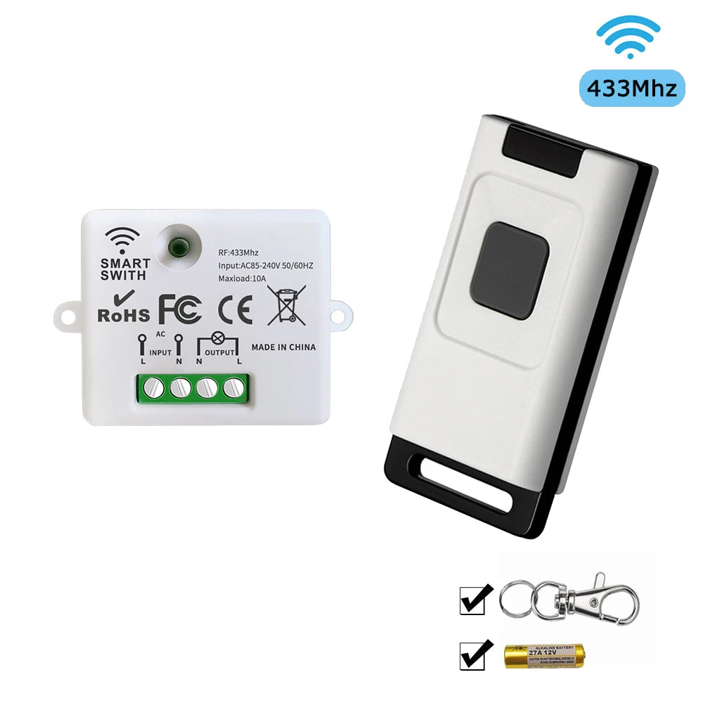 433 MHz Wireless Remote Control AC85V-220V 10A 1CH Relay Receiver and Push Button Transmitter for LED Light Lamp Fan Controller