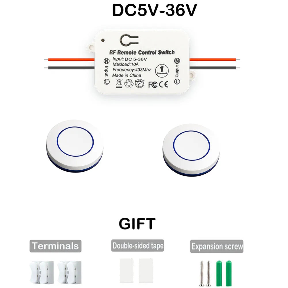 RF 433 Mhz Interruptor de luz sem fio Botão de pressão Interruptor de parede DC 12V 24V 36V 10A Transmissor de rádio Controle remoto ON OFF Led Porta elétrica