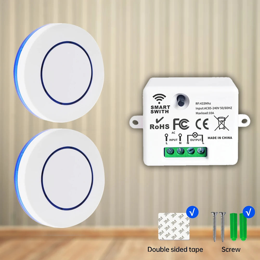 433MHz Controle Remoto Sem Fio Interruptor de Luz 10A 220V Relé Controlador Botão de pressão Painel de parede Interruptor Transmissor para Lâmpada LED Ventilador