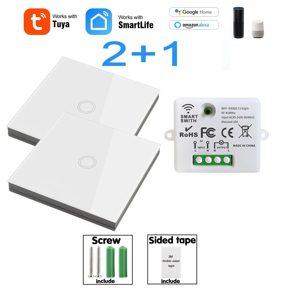 Wifi Tuya Mini Interruptor de Luz Inteligente 433MHZ Painel de Parede Sem Fio Interruptor de Toque 220V 10A Relé Funciona com Alexa Google Home Smart Life