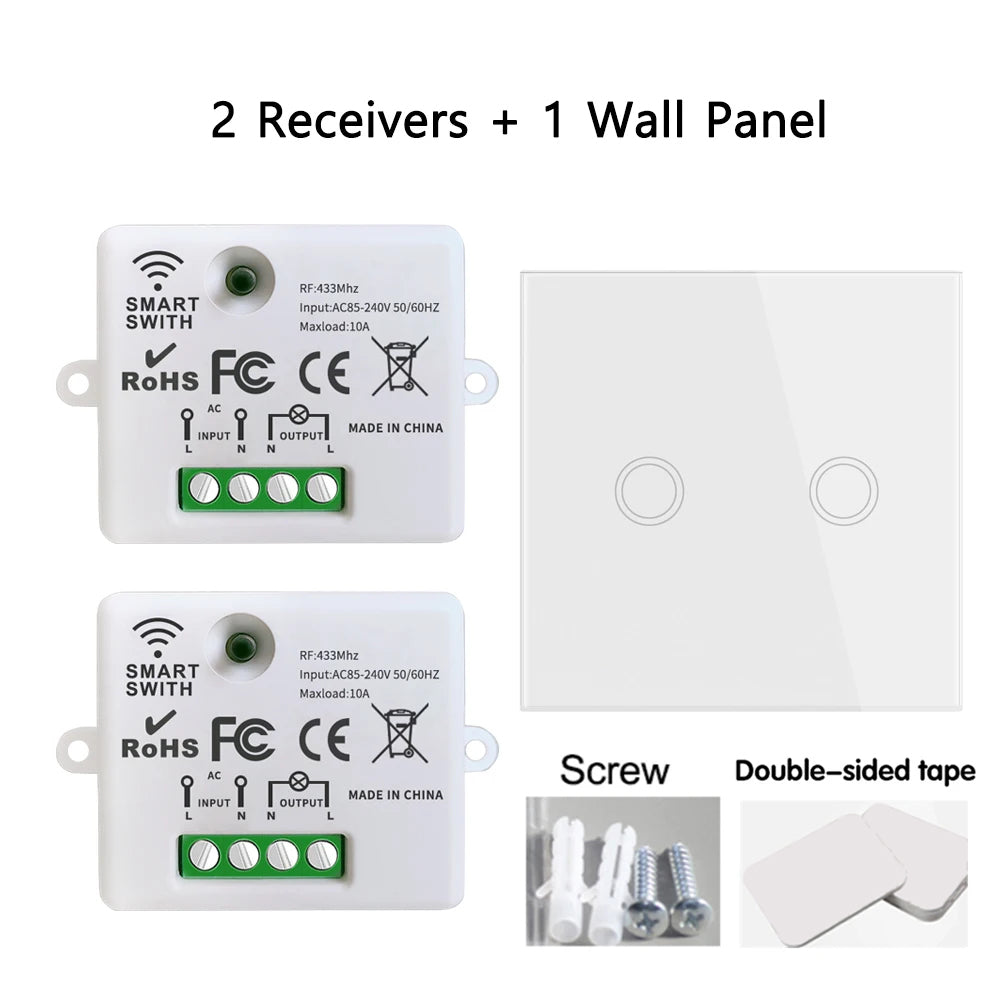 Interruptor de luz inteligente sem fio Mini Relé Receptor 220V 10A 433Mhz RF Controle remoto Botão de toque Painéis de parede para lâmpada doméstica Ventilador LED