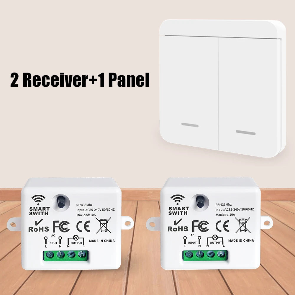 Interruptor de luz sem fio 433Mhz Mini controle remoto, 110V 220V 10A Relé inteligente Receptor, 1/2/3/4Gang Painel de interruptor de parede, Ventilador de lâmpada LED