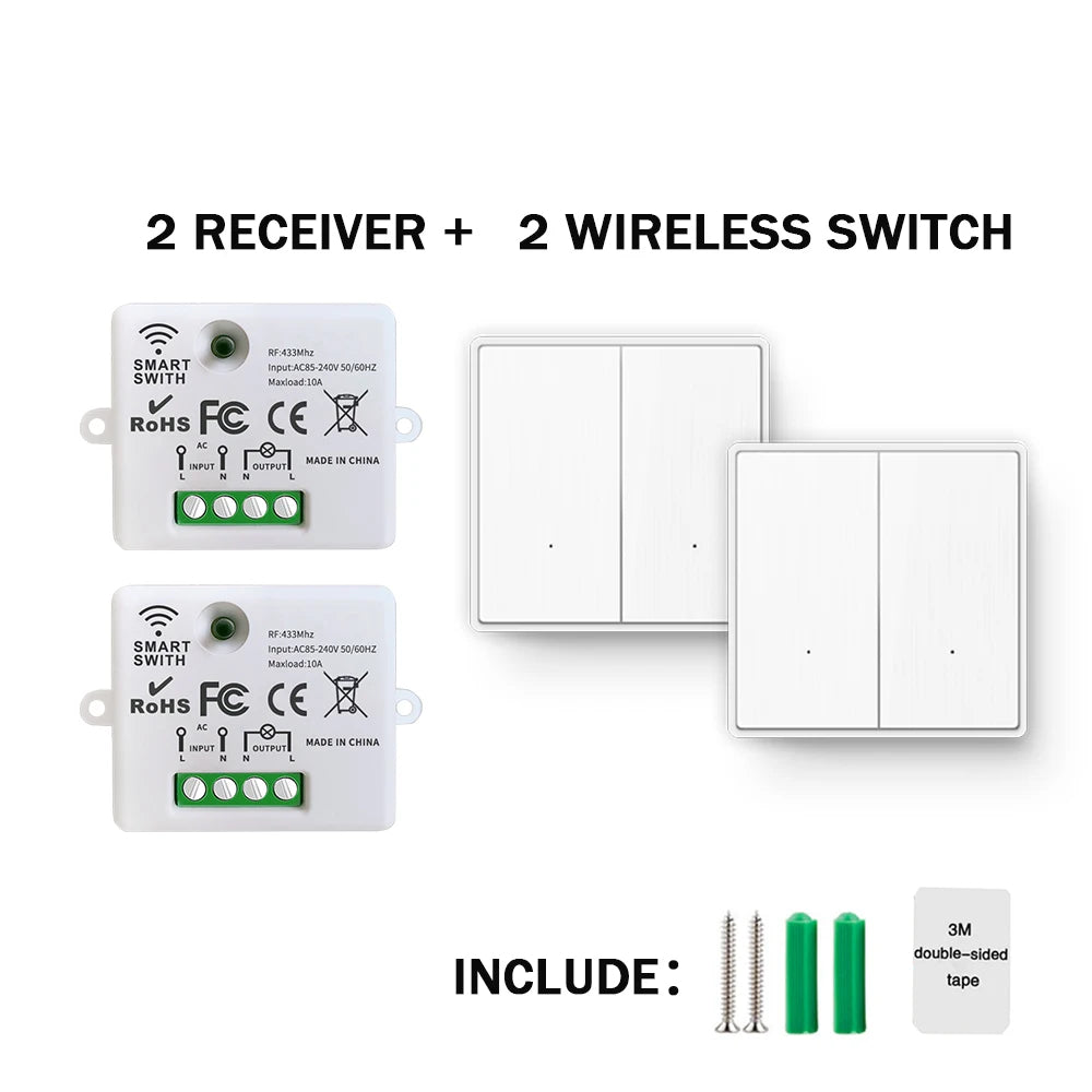 433Mhz Wireless Light Switch Without Neutral Wiring and 1/2/3gang Wall Panel Switch On Off 10A 110V 220V Receiver for Lamp Fan