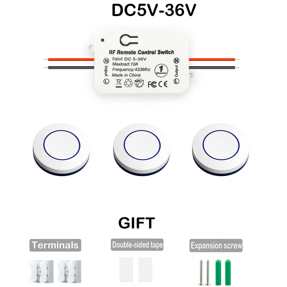 RF 433 Mhz Interruptor de luz sem fio Botão de pressão Interruptor de parede DC 12V 24V 36V 10A Transmissor de rádio Controle remoto ON OFF Led Porta elétrica