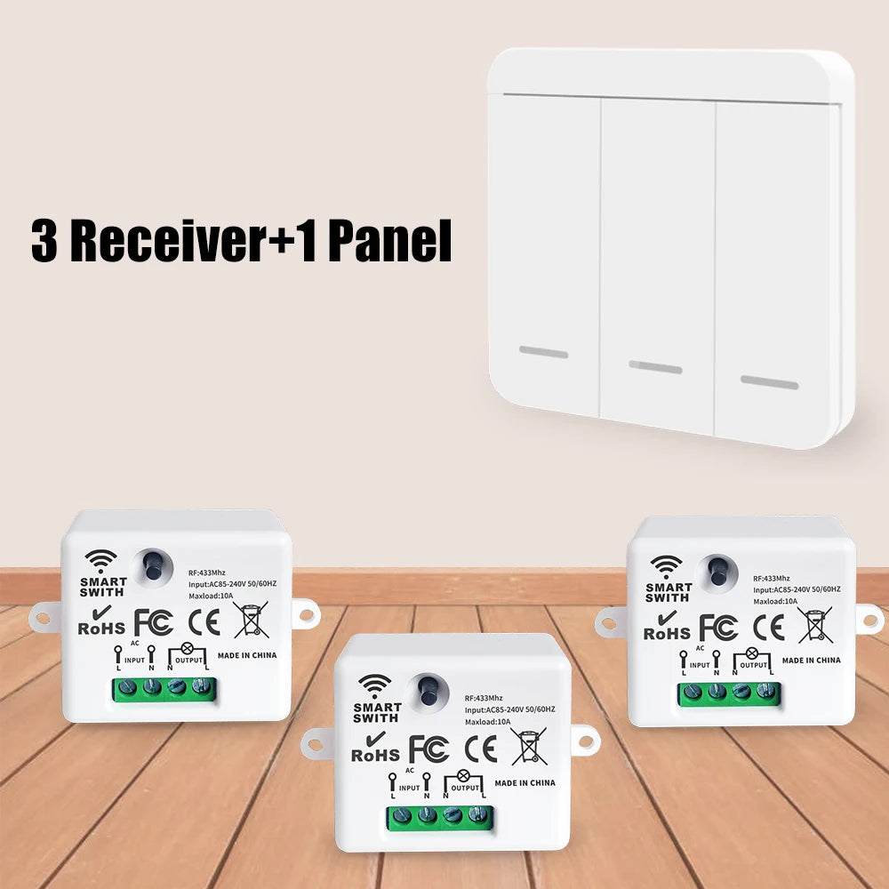 Wireless Light Switch 433Mhz Mini Remote Control,110V 220V 10A Smart Relay Receiver,1/2/3/4Gang Wall Switch Panel, Led Lamp Fan