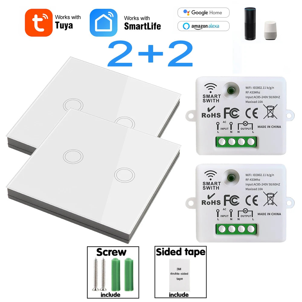 Wifi Tuya Mini Interruptor de Luz Inteligente 433MHZ Painel de Parede Sem Fio Interruptor de Toque 220V 10A Relé Funciona com Alexa Google Home Smart Life