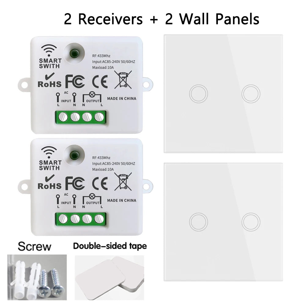 Interruptor de luz inteligente sem fio Mini Relé Receptor 220V 10A 433Mhz RF Controle remoto Botão de toque Painéis de parede para lâmpada doméstica Ventilador LED