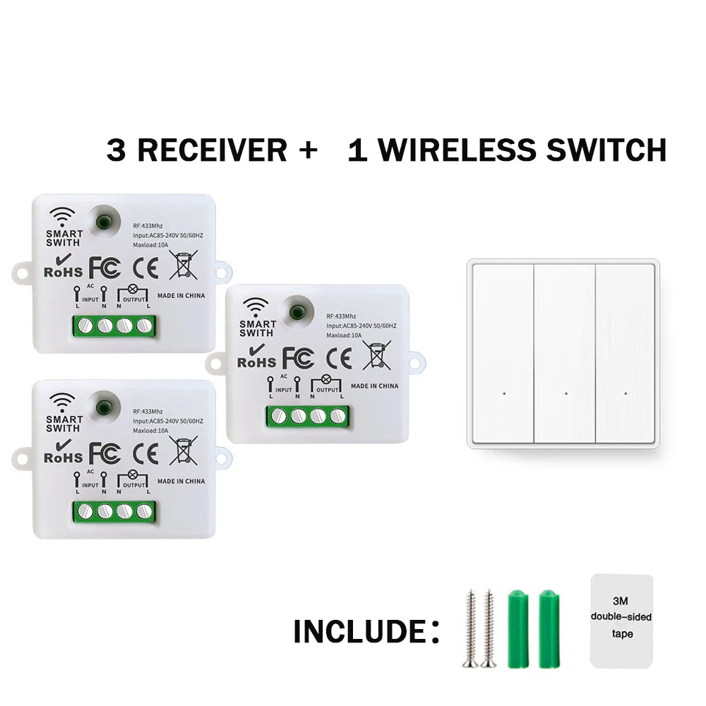 433Mhz Wireless Light Switch Without Neutral Wiring and 1/2/3gang Wall Panel Switch On Off 10A 110V 220V Receiver for Lamp Fan