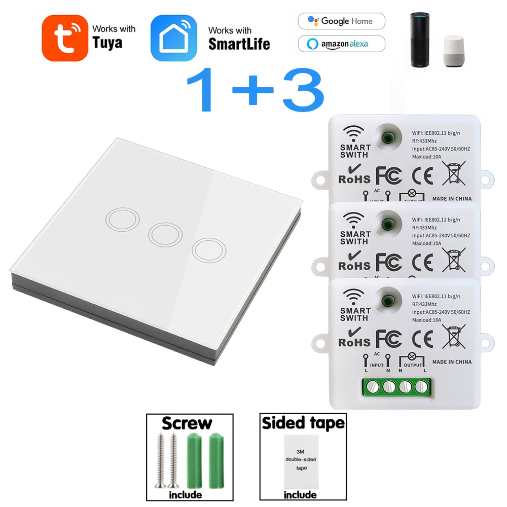 Wifi Tuya Mini Interruptor de Luz Inteligente 433MHZ Painel de Parede Sem Fio Interruptor de Toque 220V 10A Relé Funciona com Alexa Google Home Smart Life