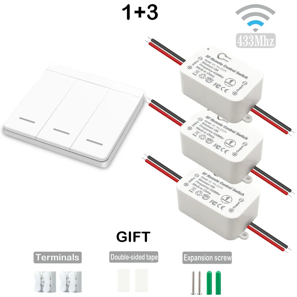 433Mhz Interruptor de luz sem fio Painel de parede Botão de pressão Interruptor AC 85V 250V Fácil instalação Receptor de rádio Uso para ventilador de lâmpada de teto